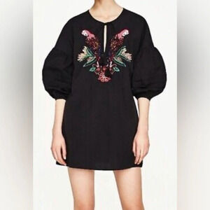 ZARA  BLACK EMBROIDERED SEQUIN PARROTS POPLIN JUMPSUIT ROMPER SZ S
